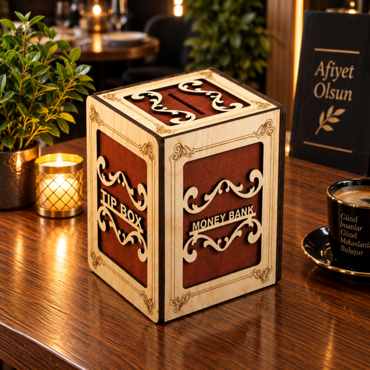 Ahşap Kilitli Logo Baskılı Tip Box- Bahşiş Kutusu